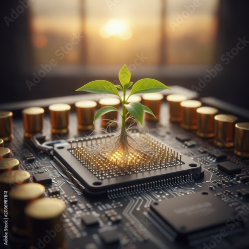 Sprouting Plant Emerging from a Microprocessor on a Circuit Board with Warm Sunset Lighting