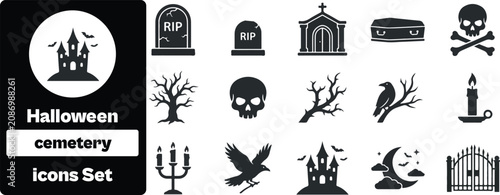Foto Set of 15 solid icons related to Halloween, cemetery - collection of tombstone,