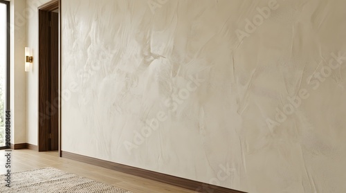 Modern interior design with textured wall and wooden door frame and floor transparent background