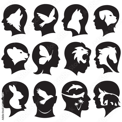 Human Head Profiles with Animal and Nature Silhouettes Concept