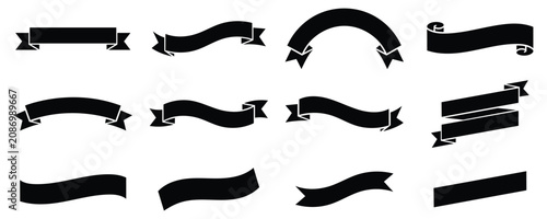 Set of black ribbon banners and vintage scroll elements for graphic design and invitation card decorations