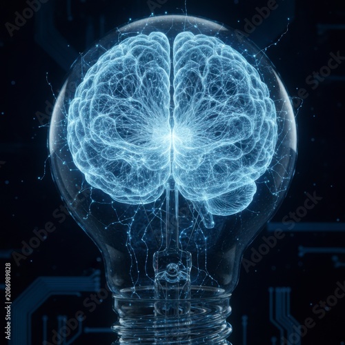 Illuminated Brain Inside a Light Bulb Representing Ideas and Innovation with Digital Circuit Background