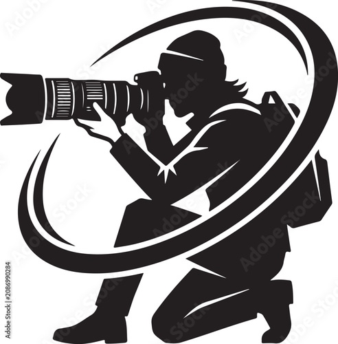 photographer kneeling with camera and lens silhouette high quality professional detailed modern elegant