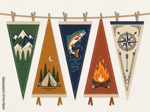 Foto Vintage Adventure Camping Pennants with Mountain Fish Campfire and Compass Icons