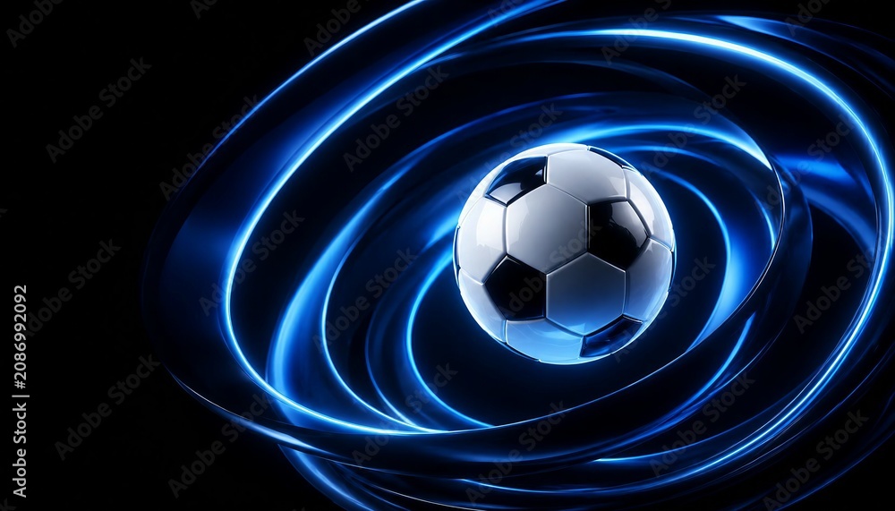 Naklejka premium Futuristic Soccer Ball Surrounded by Glowing Blue Neon Energy Rings on Black Background