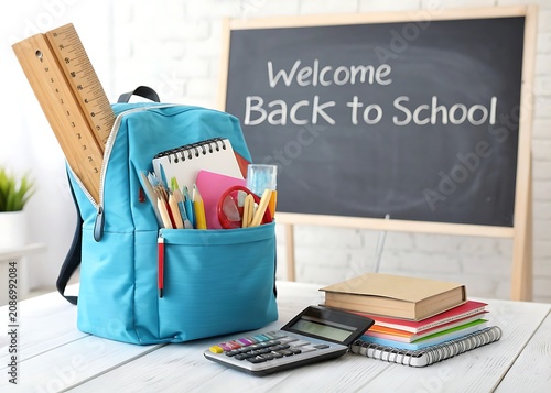 Blue school backpack with welcome back to school sign and wooden rulers, backpack
