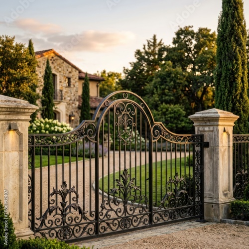 Elegant Wrought Iron Gate and Stone Pillars Leading to a Luxurious Estate.
