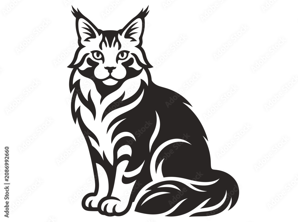 Fototapeta premium Stylized black and white Maine Coon cat illustration featuring fluffy fur and pointed ears