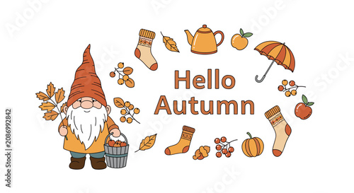 Adorable garden gnome holding autumn leaves and a basket of apples surrounded by various seasonal fall elements and icons.