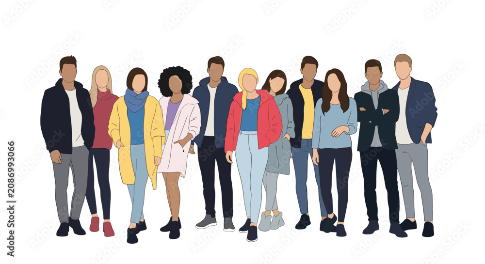 Fototapeta premium Group of diverse people wearing casual winter and autumn clothing stand together in a row against a plain white background representing unity.
