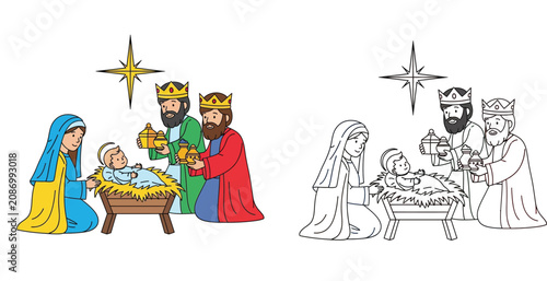 Cuadro en lienzo Cartoon Nativity scene with Mary, Baby Jesus, and Wise Men