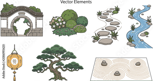 Photography Japanese garden elements vector illustration set, traditional oriental nature symbols with moon gate, bonsai pine tree, stepping stones, and hanging lantern