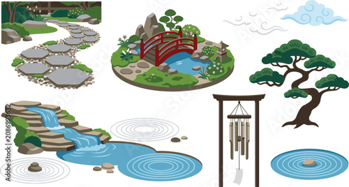Fotografía Asian garden design icons collection, oriental nature elements with water pond, sand ripples, rocks, clouds, and traditional wooden torii gate chime