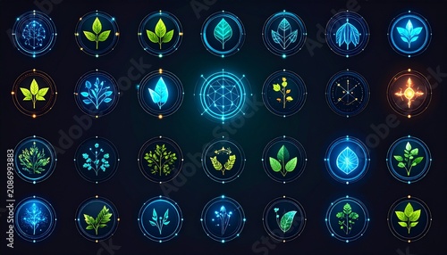 Futuristic Glowing Leaf Icons - A Blend of Nature and Technology.