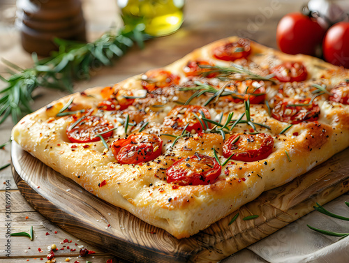 Fresh focaccia bread with cherry tomatoes and rosemary