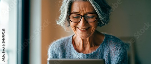 Senior woman smiles while using tablet device. 64k 8k widescreen, HDR