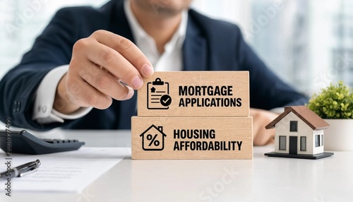 Man in business suit holding wooden block with mortgage applications and housing affordability concepts on desk with house model and plant in background  financial planning and real estate