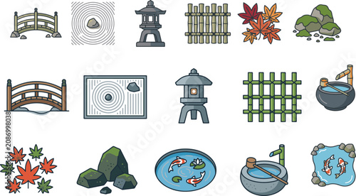 Canvas Print Japanese zen garden vector icon set with traditional elements, lanterns, bonsai stones, bridges, and koi fish ponds in clean outline style