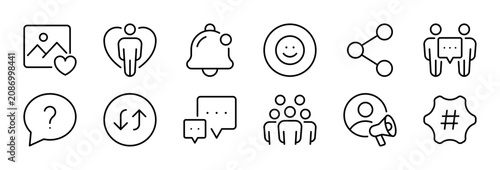 Social Engagement thin line icon set. Communication, Media, Community, Audience Interaction. Black outline vector icons collection.