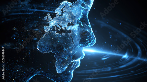 Futuristic Human Profile with Flowing Data Energy in Artificial Intelligence Concept