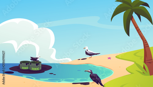 Foto Tropical island beach with palm trees and spilling toxic fuel in barrels, dirty