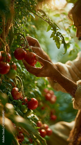 Hand picking ripe cherry tomatoes from the vine, perfect for organic farming, fresh produce branding, healthy recipes and sustainable agriculture.