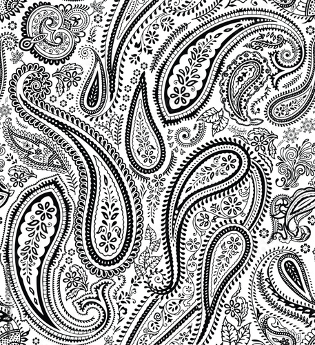 black and white Indian paisley seamless pattern on white background