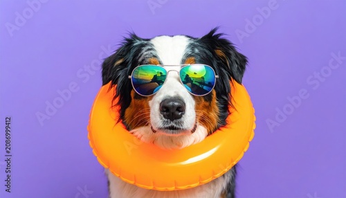 A dog wearing sunglasses and an inflatable ring around its neck