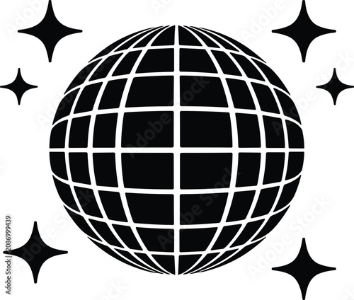 Retro black disco ball vector icon with sparkling stars isolated on a clean white background for party designi 