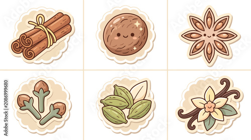 Cute Cartoon Spices Collection with Cinnamon, Nutmeg, Star Anise, Cloves, Cardamom, and Vanilla