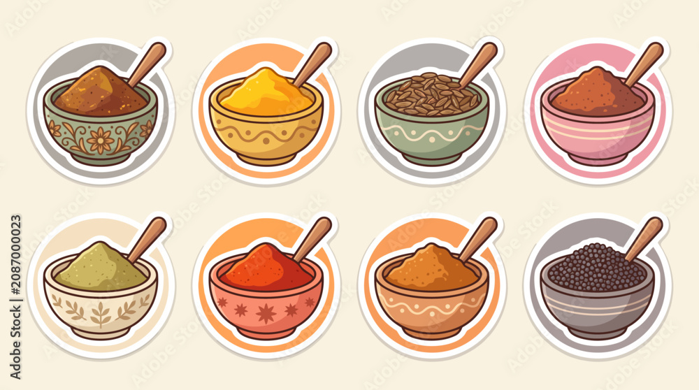 Fototapeta premium Colorful Indian spice bowls stickers set vector illustration