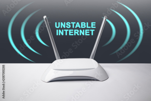A conceptual image featuring a minimalist white wireless internet router with two antennas, surrounded by glowing blue signal waves and the overlay text UNSTABLE INTERNET.