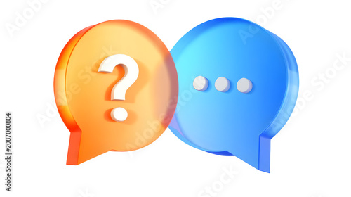 3d glass orange and blue speech bubbles with question mark and typing dots isolated on transparent background png for communication chat graphic design element object