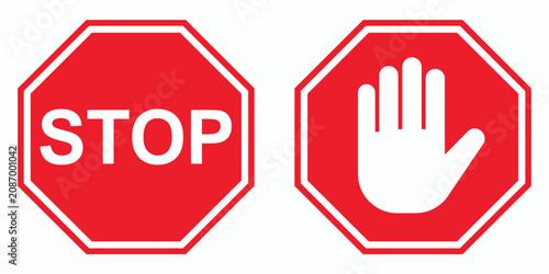 Red stop signs with white text and hand symbol on white background
