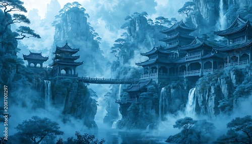 Traditional chinese temple in misty mountains with waterfall illustration