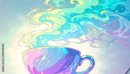 Colorful Fantasy Coffee Cup with Magical Steam Abstract Illustration
