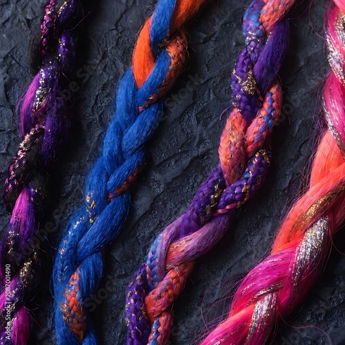 Colorful braided yarn strands on a dark background illustration