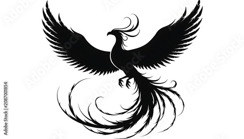 Majestic Phoenix Bird Silhouette with Spread Wings Vector Illustration