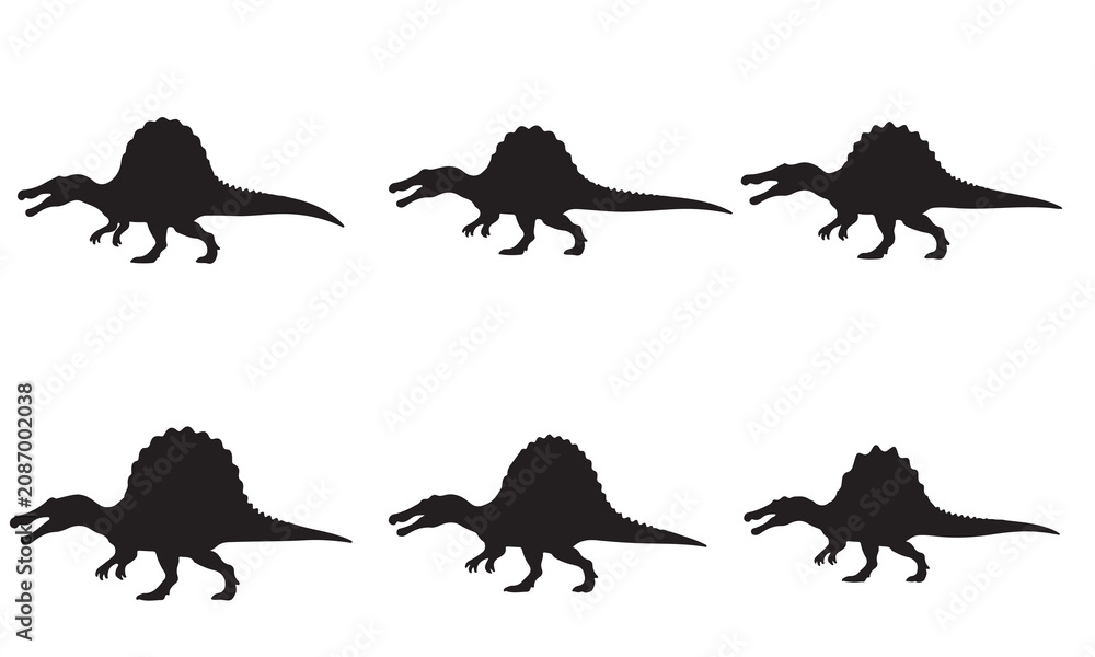 Obraz premium Collection of black silhouettes of Spinosaurus dinosaurs isolated on a white background design.