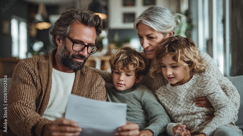 Obraz premium A multigenerational family, two children and their parents, huddled together indoors, looking at a document. Cozy setting