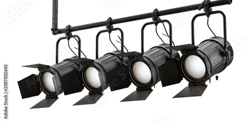 professional black stage track spotlights ceiling studio lighting equipment isolated on transparent background png for movie concert production theater graphic design element