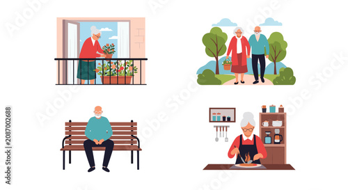 Diverse collection of senior citizens staying active by gardening, walking in park, sitting on bench, and cooking.