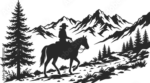 Silhouette of a cowboy riding a horse on a mountain trail