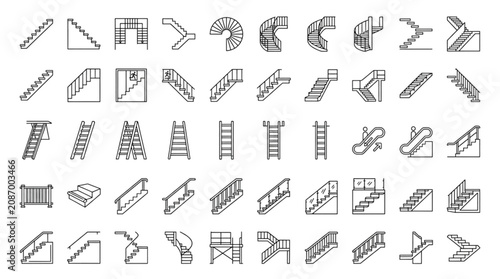 Stairs and Staircase Vector Icon Set Featuring Steps Ladders Spiral Stairways and Handrails for Architectural Design Construction and Navigation