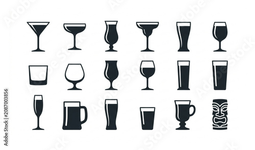 Принти на полотні Cocktail Glass Icon Set with Martini Wine Beer Whiskey Champagne and Specialty D