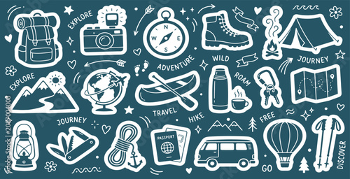 Cuadro en lienzo Collection of travel and adventure icons and elements, perfect for outdoor enthusiasts and explorers