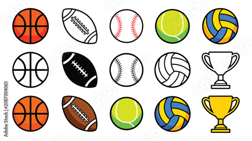 Fotografía Sports ball and trophy icons featuring football, basketball, baseball, tennis, volleyball, golf, and championship award symbols for athletic competition design