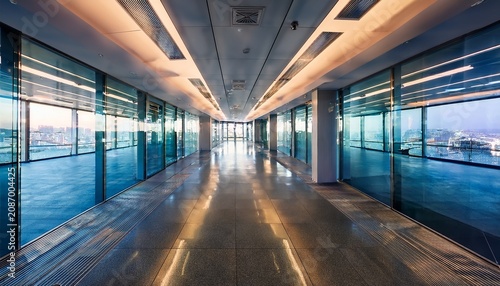 a modern office corridor with glass walls reflecting lights and a vibrant atmosphere