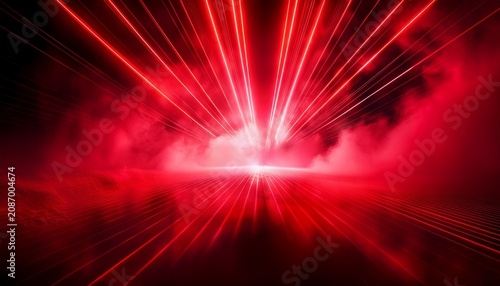 a vibrant red background features laser beams cutting through billowy smoke creating a dramatic effect