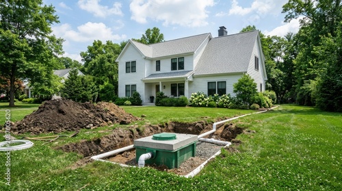 Residential septic system installation in a lush green backyard